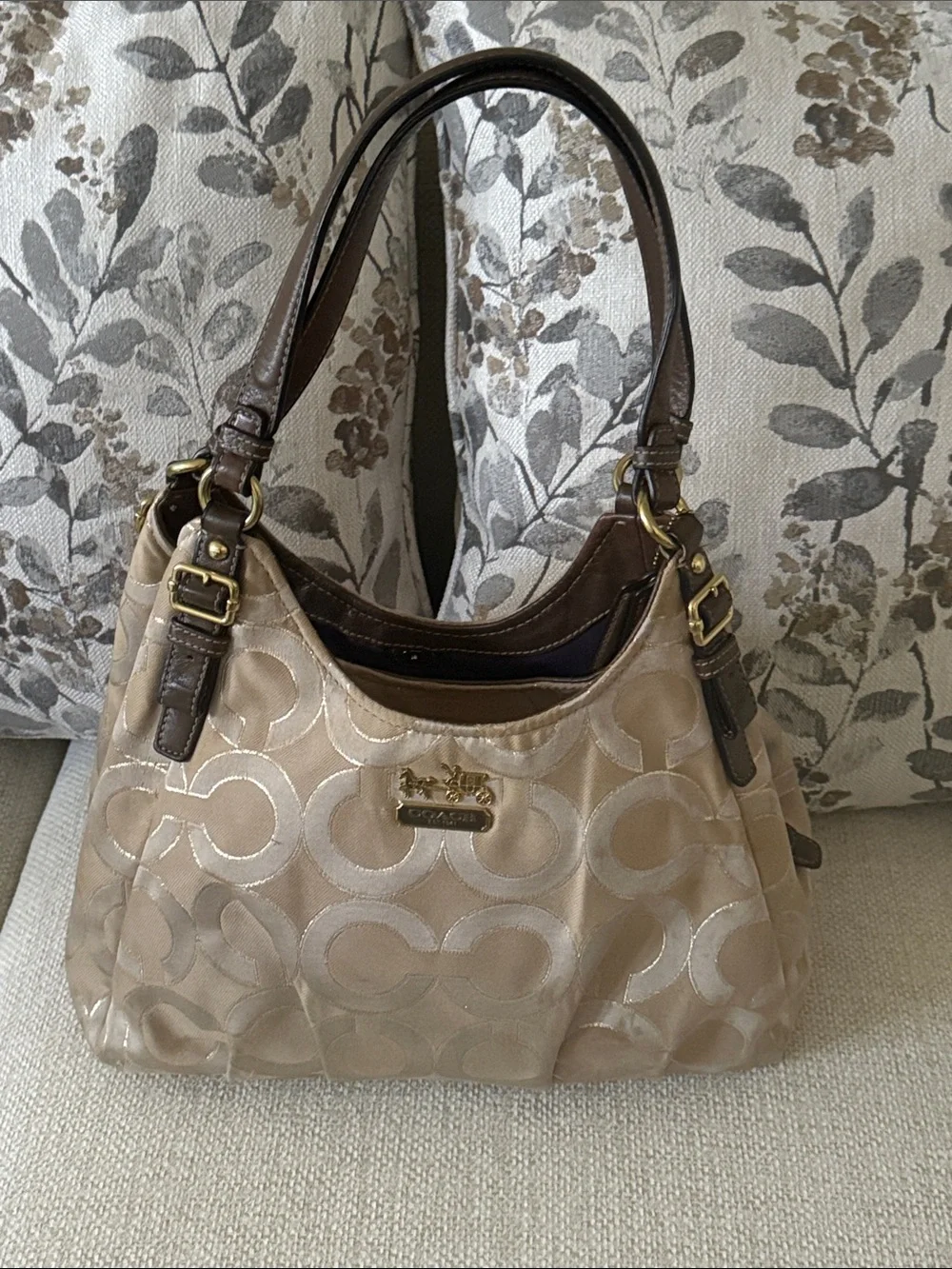 Vintage Coach Beige Signature Canvas Shoulder Bag with Brown Leather Trim